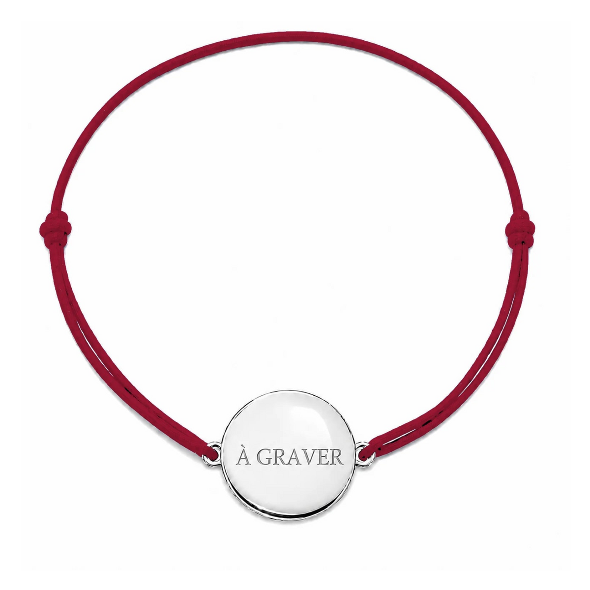 Bracelet cordon mixte et ajustable personnalisé avec médaille argentée à graver et cordon bordeaux