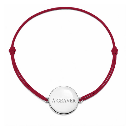 Bracelet cordon mixte et ajustable personnalisé avec médaille argentée à graver et cordon bordeaux