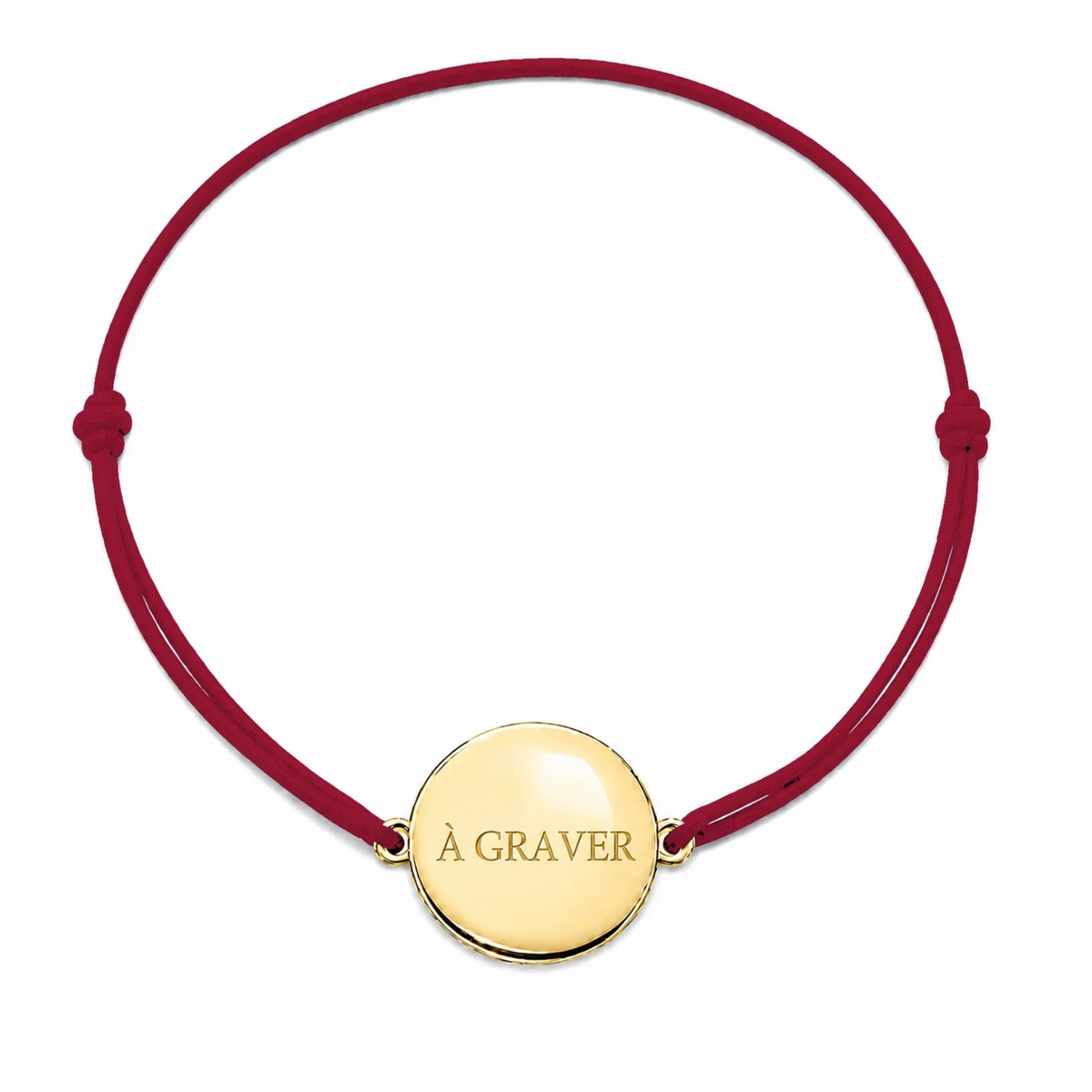 Bracelet cordon mixte et ajustable personnalisé avec médaille dorée à graver et cordon bordeaux