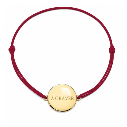 Bracelet cordon mixte et ajustable personnalisé avec médaille dorée à graver et cordon bordeaux