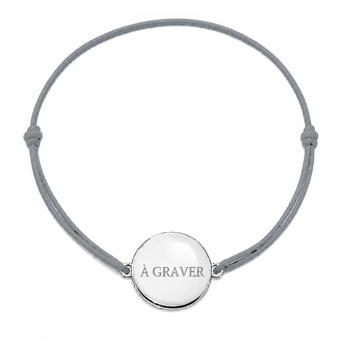 Bracelet cordon personnalisé avec médaille argentée et cordon gris 