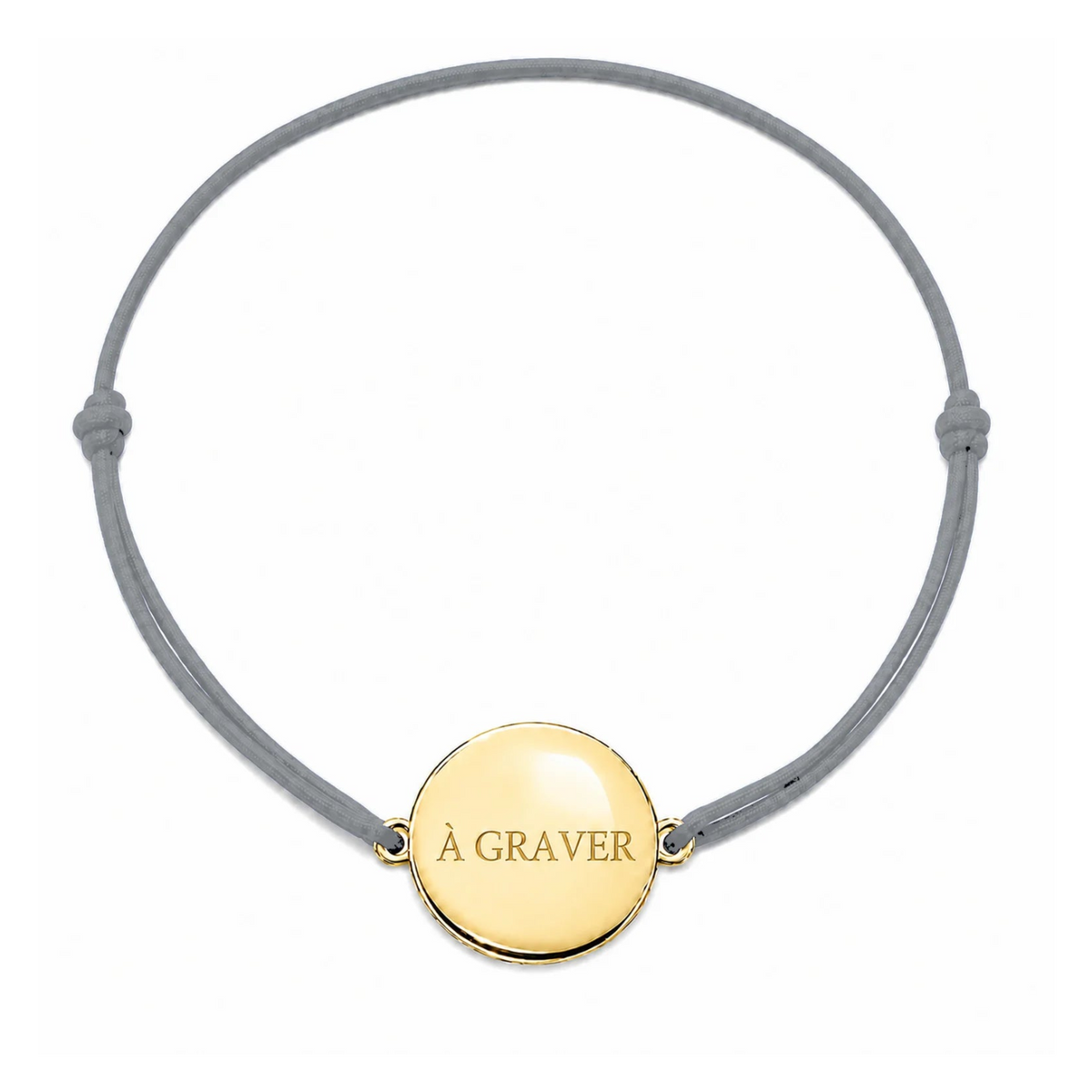 Bracelet cordon mixte et ajustable personnalisé avec médaille dorée à graver et cordon gris