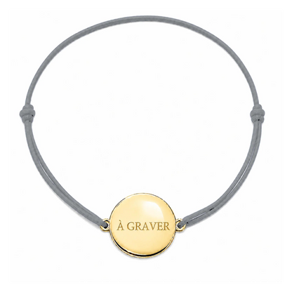 Bracelet cordon mixte et ajustable personnalisé avec médaille dorée à graver et cordon gris