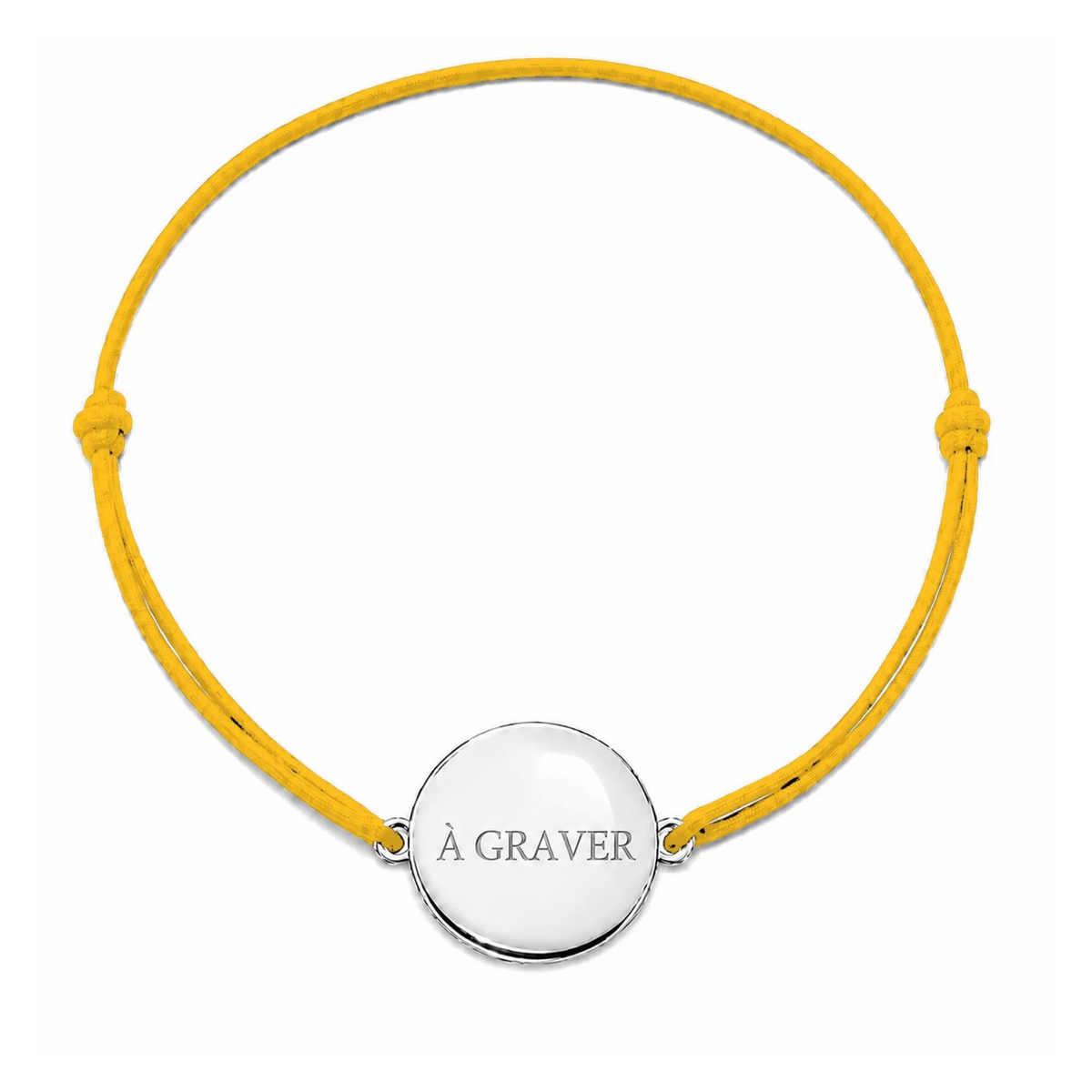 Bracelet cordon mixte et ajustable personnalisé avec médaille argentée à graver et cordon jaune