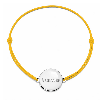 Bracelet cordon mixte et ajustable personnalisé avec médaille argentée à graver et cordon jaune