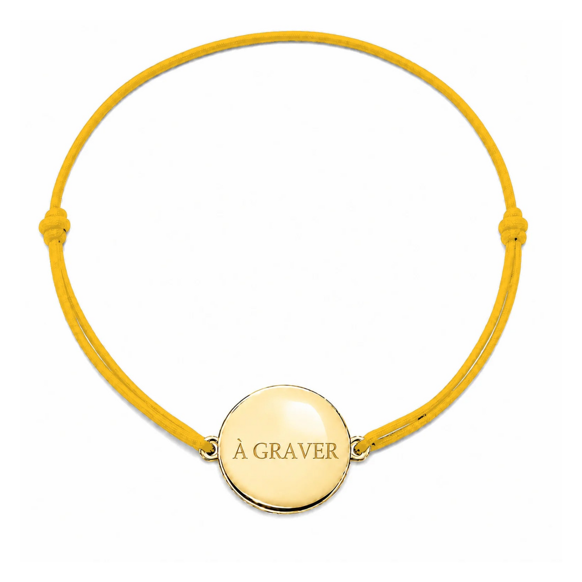 Bracelet cordon mixte et ajustable personnalisé avec médaille dorée à graver et cordon jaune