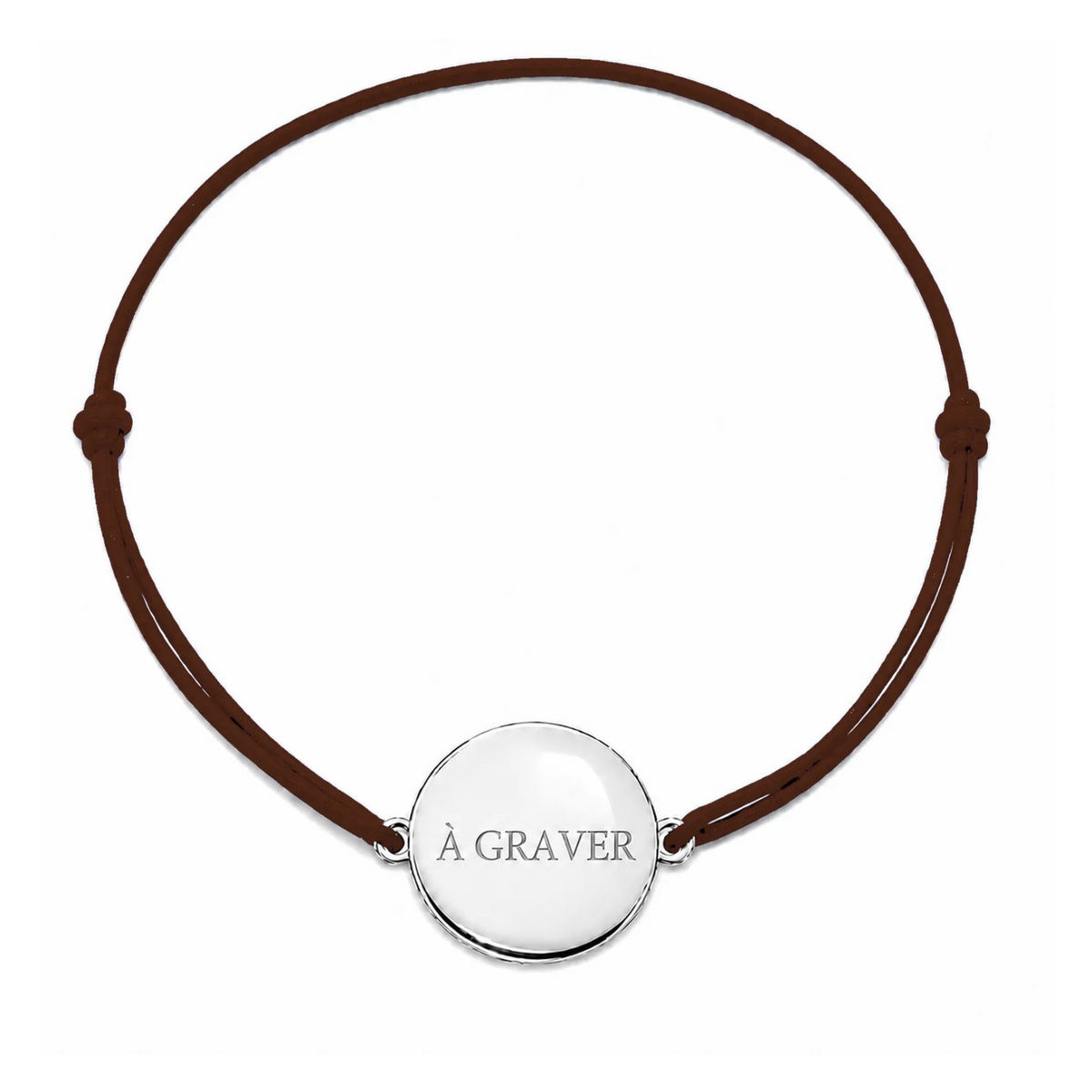 Bracelet cordon personnalisé avec médaille argentée et cordon marron 