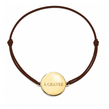 Bracelet cordon mixte et ajustable personnalisé avec médaille dorée à graver et cordon marron