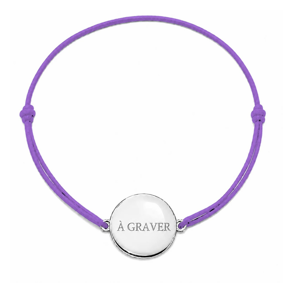 Bracelet cordon mixte et ajustable personnalisé avec médaille argentée à graver et cordon mauve