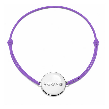 Bracelet cordon mixte et ajustable personnalisé avec médaille argentée à graver et cordon mauve