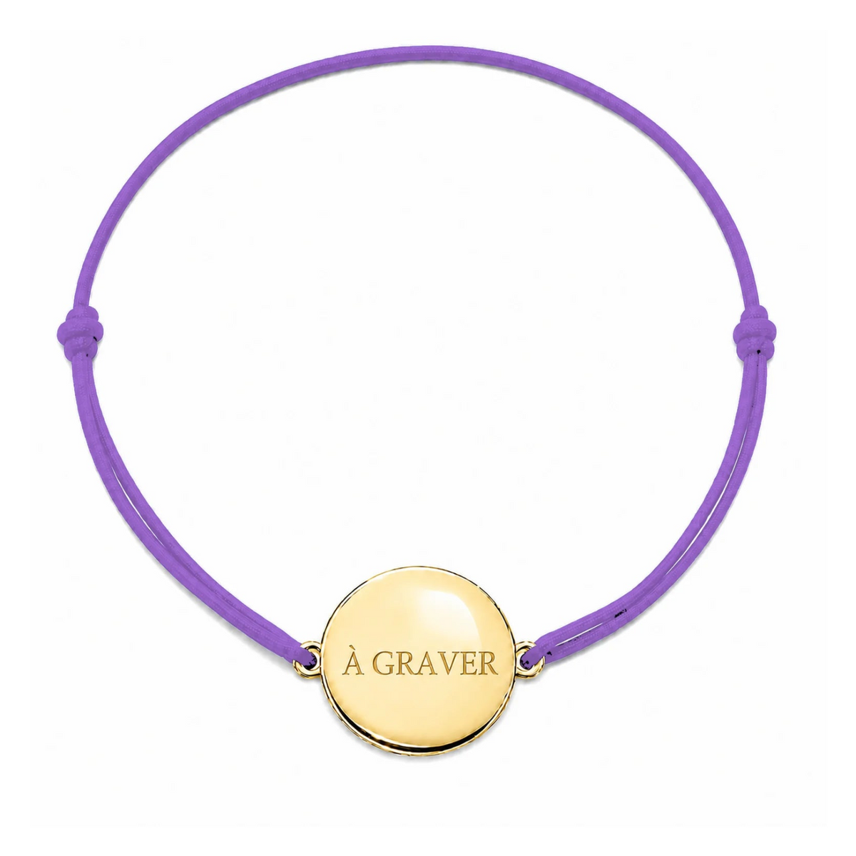 Bracelet cordon mixte et ajustable personnalisé avec médaille dorée à graver et cordon mauve