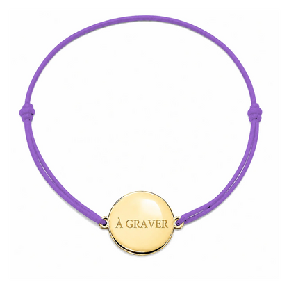 Bracelet cordon mixte et ajustable personnalisé avec médaille dorée à graver et cordon mauve
