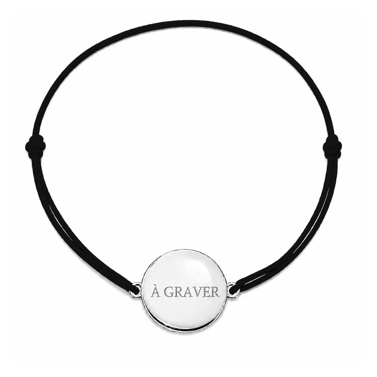 Bracelet cordon mixte et ajustable personnalisé avec médaille argentée à graver et cordon noir 
