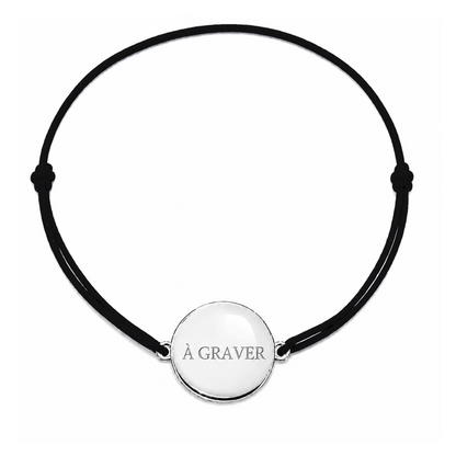 Bracelet cordon mixte et ajustable personnalisé avec médaille argentée à graver et cordon noir 