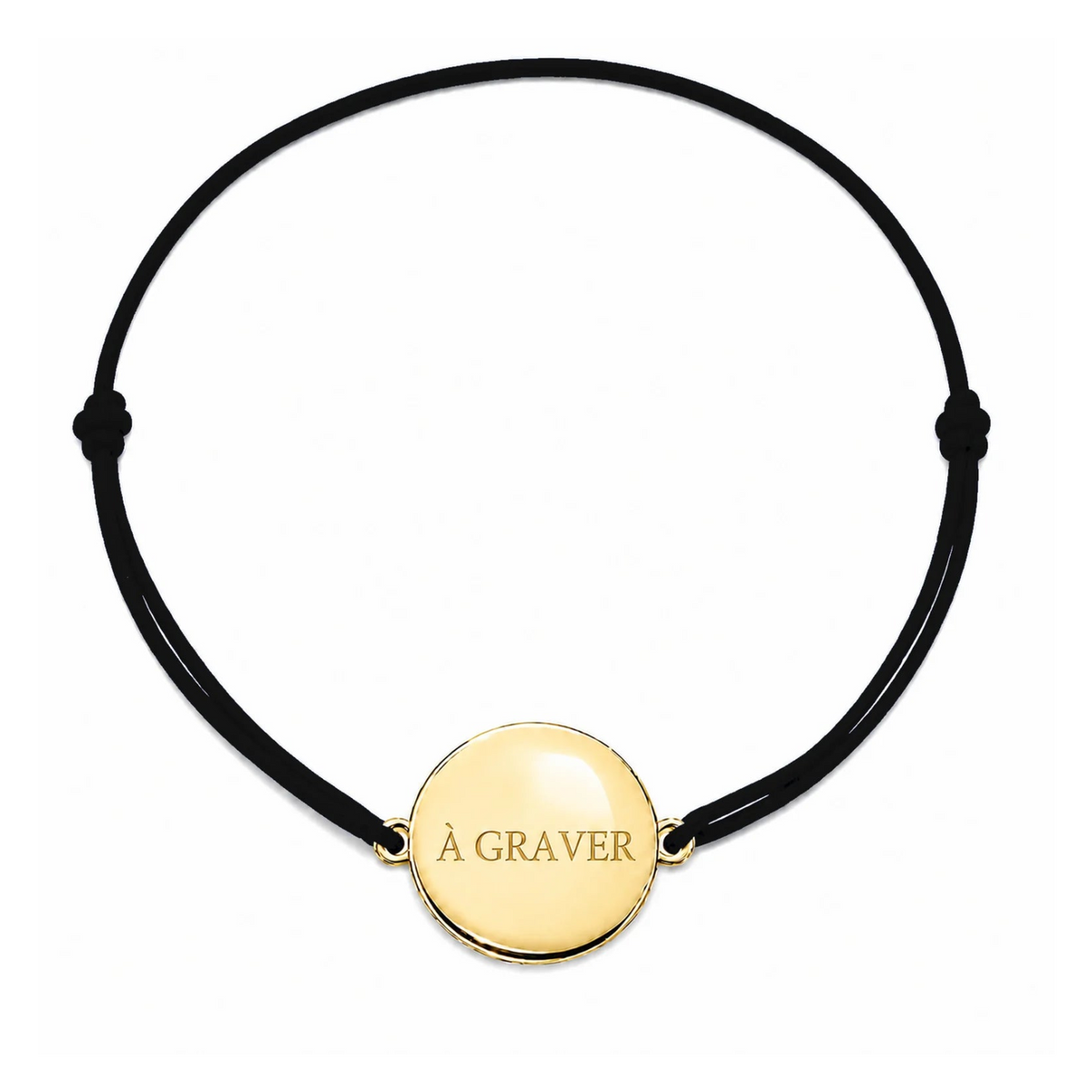 Bracelet cordon mixte et ajustable personnalisé avec médaille dorée à graver et cordon noir