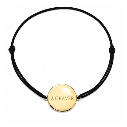Bracelet cordon mixte et ajustable personnalisé avec médaille dorée à graver et cordon noir