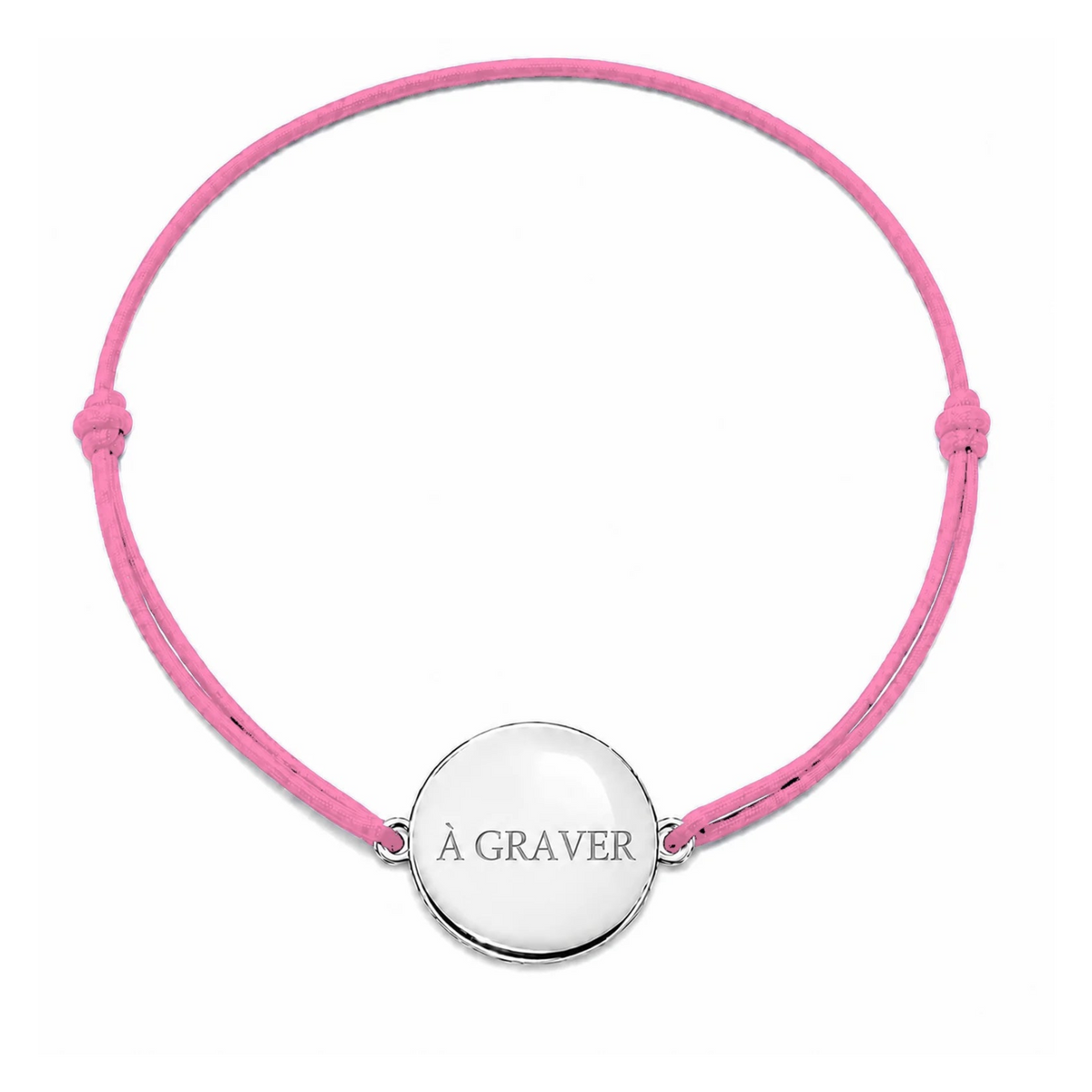 Bracelet cordon mixte et ajustable personnalisé avec médaille argentée à graver et cordon rose clair