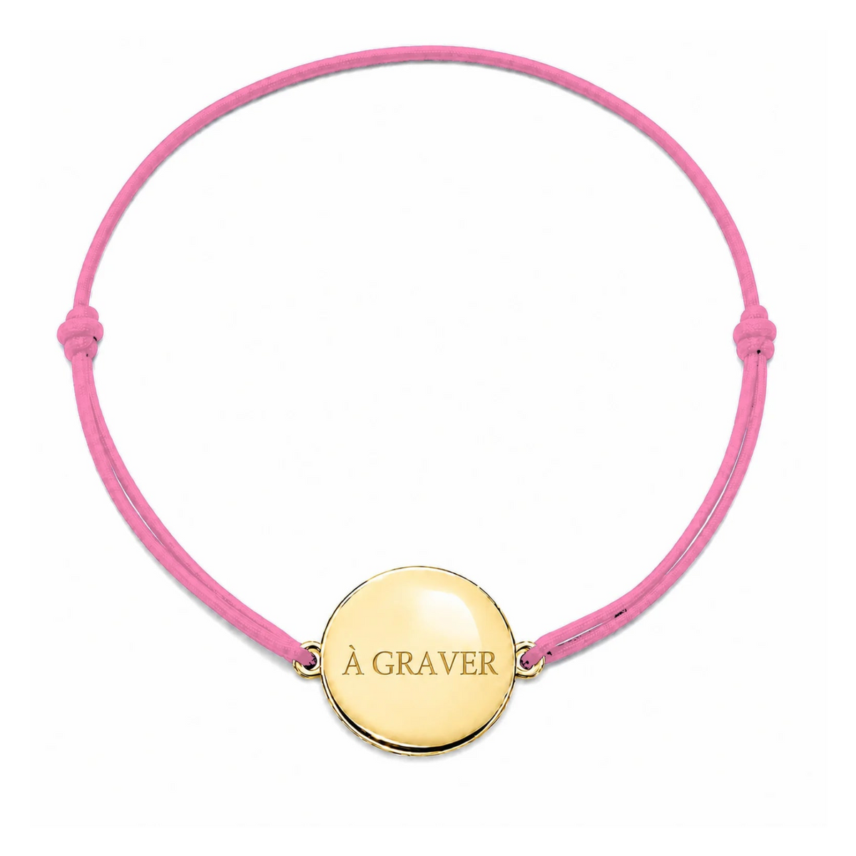 Bracelet cordon mixte et ajustable personnalisé avec médaille dorée à graver et cordon rose clair