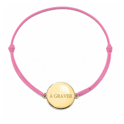 Bracelet cordon mixte et ajustable personnalisé avec médaille dorée à graver et cordon rose clair