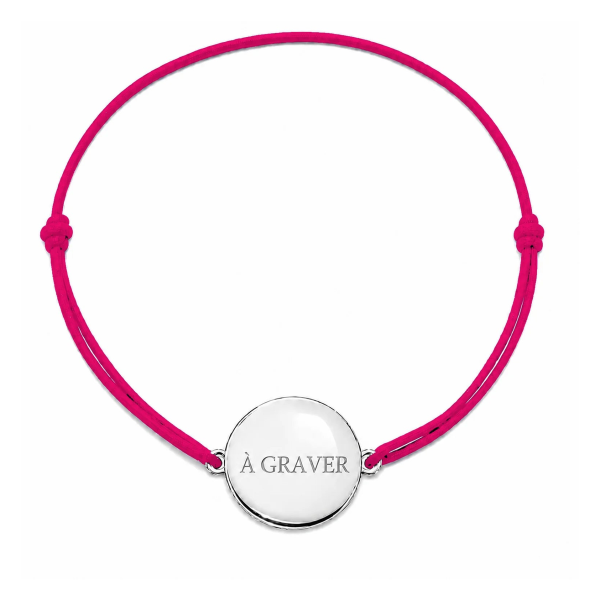 Bracelet cordon personnalisé avec médaille argentée et cordon rose framboise