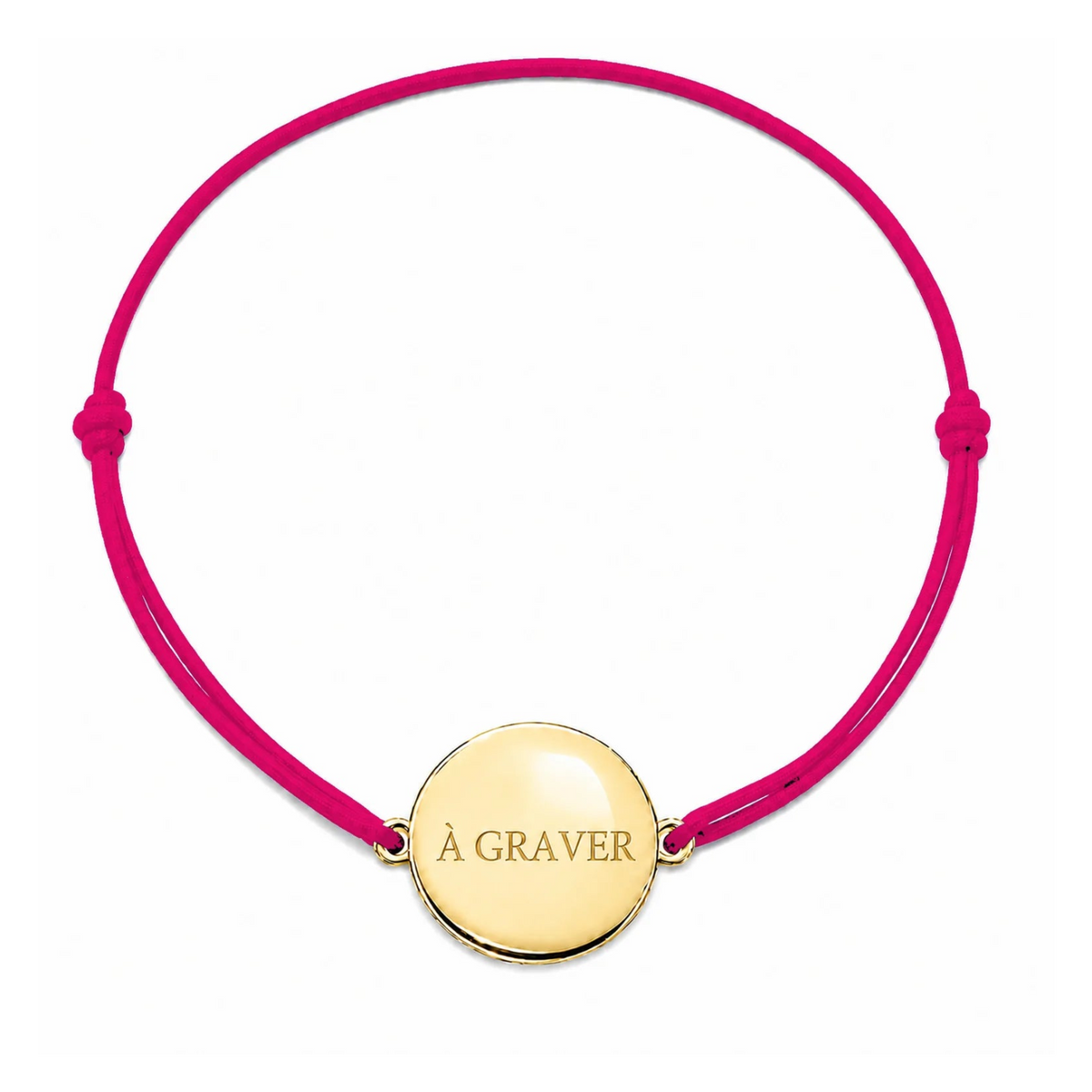 Bracelet cordon mixte et ajustable personnalisé avec médaille dorée à graver et cordon rose framboise