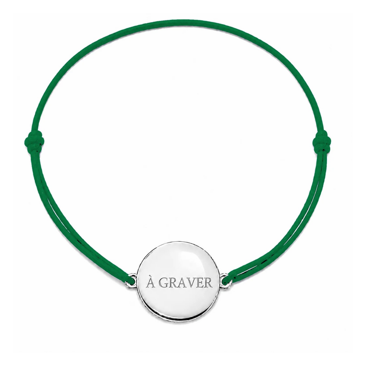 Bracelet cordon mixte et ajustable personnalisé avec médaille argentée à graver et cordon vert bouteille