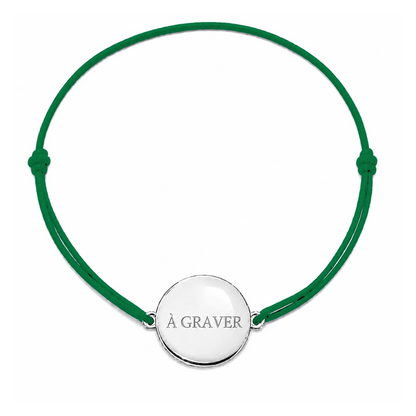 Bracelet cordon mixte et ajustable personnalisé avec médaille argentée à graver et cordon vert bouteille
