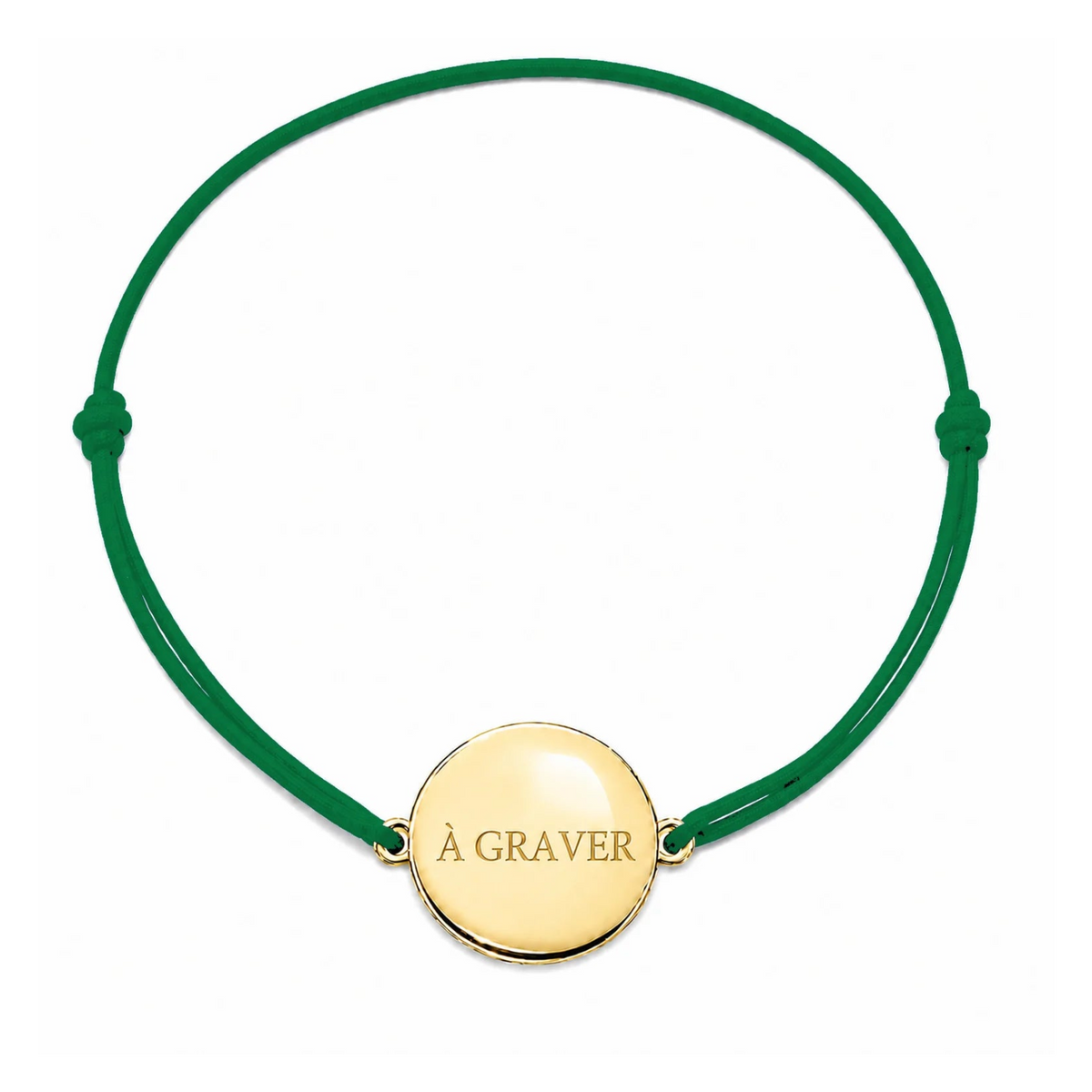 Bracelet cordon mixte et ajustable personnalisé avec médaille dorée à graver et cordon ert bouteille