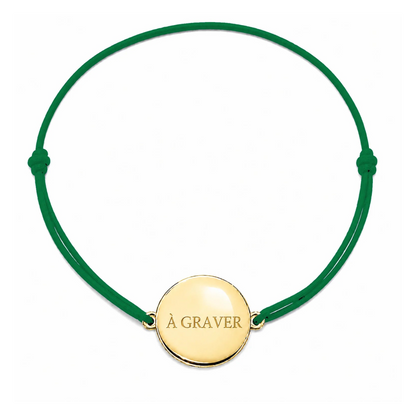 Bracelet cordon mixte et ajustable personnalisé avec médaille dorée à graver et cordon ert bouteille