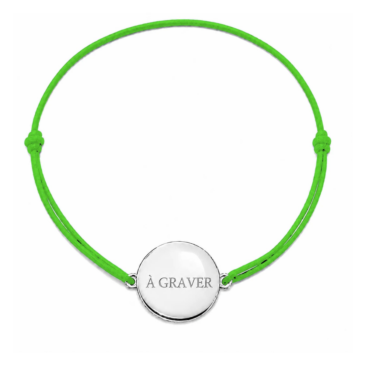 Bracelet cordon mixte et ajustable personnalisé avec médaille argentée à graver et cordon vert pomme