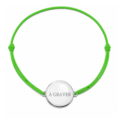 Bracelet cordon mixte et ajustable personnalisé avec médaille argentée à graver et cordon vert pomme