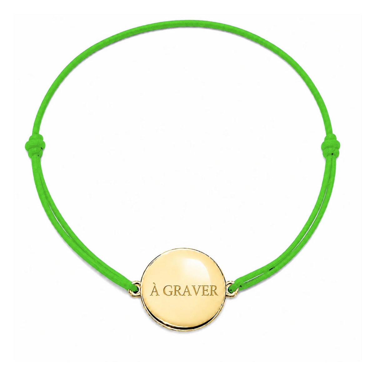 Bracelet cordon mixte et ajustable personnalisé avec médaille dorée à graver et cordon vert pomme