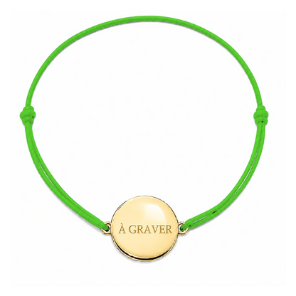 Bracelet cordon mixte et ajustable personnalisé avec médaille dorée à graver et cordon vert pomme