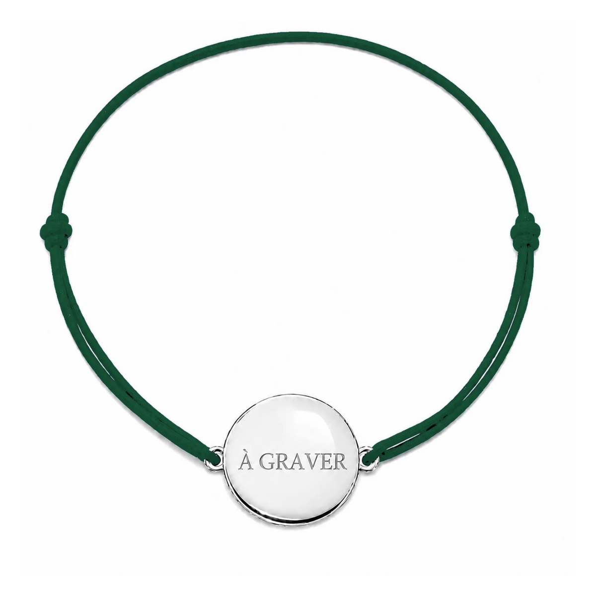 Bracelet cordon mixte et ajustable personnalisé avec médaille argentée à graver et cordon vert sapin
