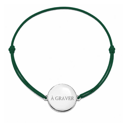 Bracelet cordon mixte et ajustable personnalisé avec médaille argentée à graver et cordon vert sapin