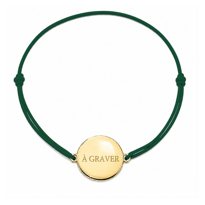 Bracelet cordon mixte et ajustable personnalisé avec médaille dorée à graver et cordon vert sapin