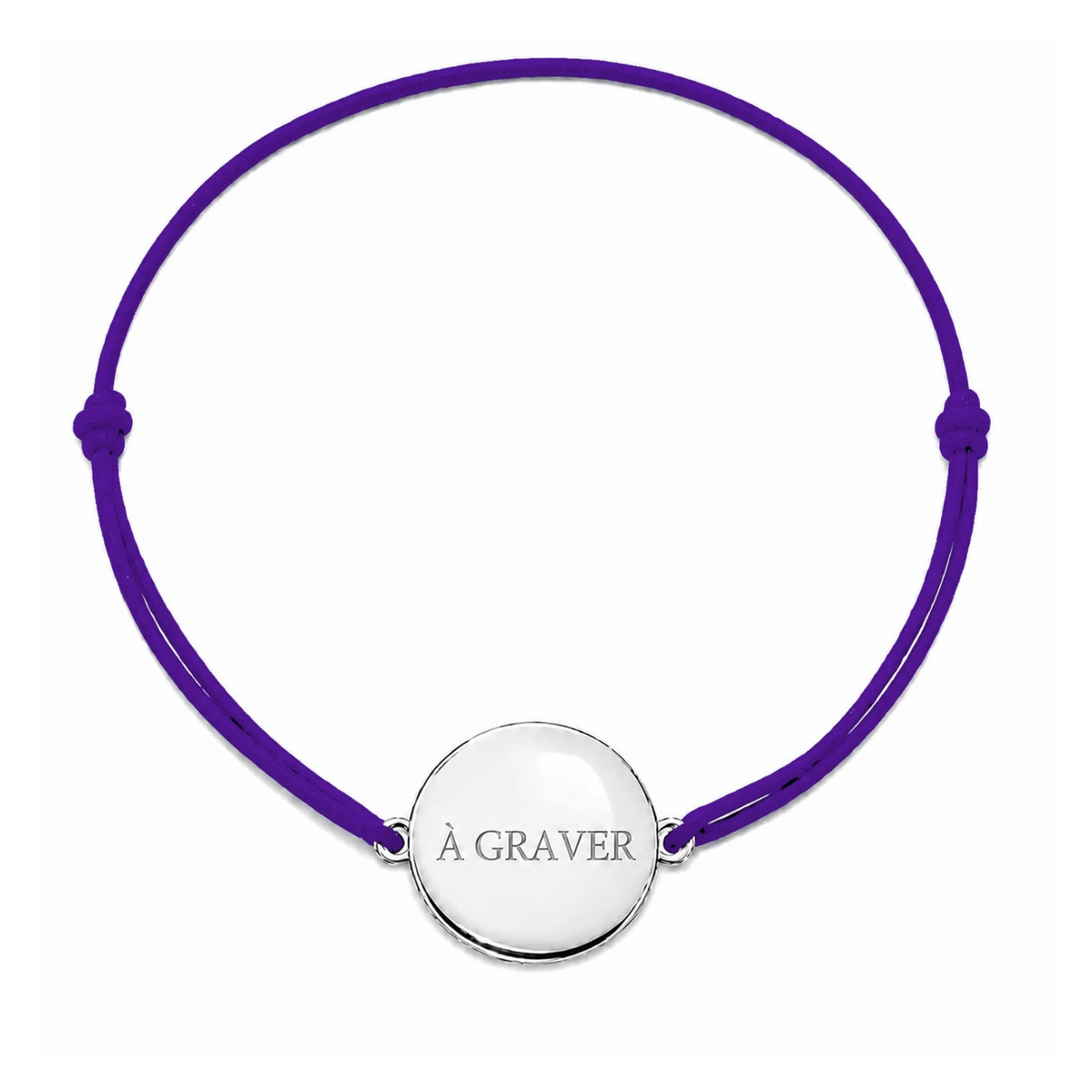 Bracelet cordon mixte et ajustable personnalisé avec médaille argentée à graver et cordon violet
