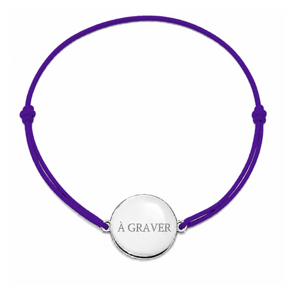 Bracelet cordon mixte et ajustable personnalisé avec médaille argentée à graver et cordon violet