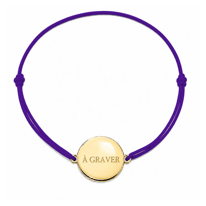 Bracelet cordon mixte et ajustable personnalisé avec médaille dorée à graver et cordon violet