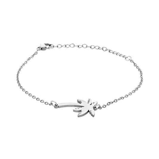 Bracelet palmier argenté en acier inoxydable, vue de face sur fond blanc