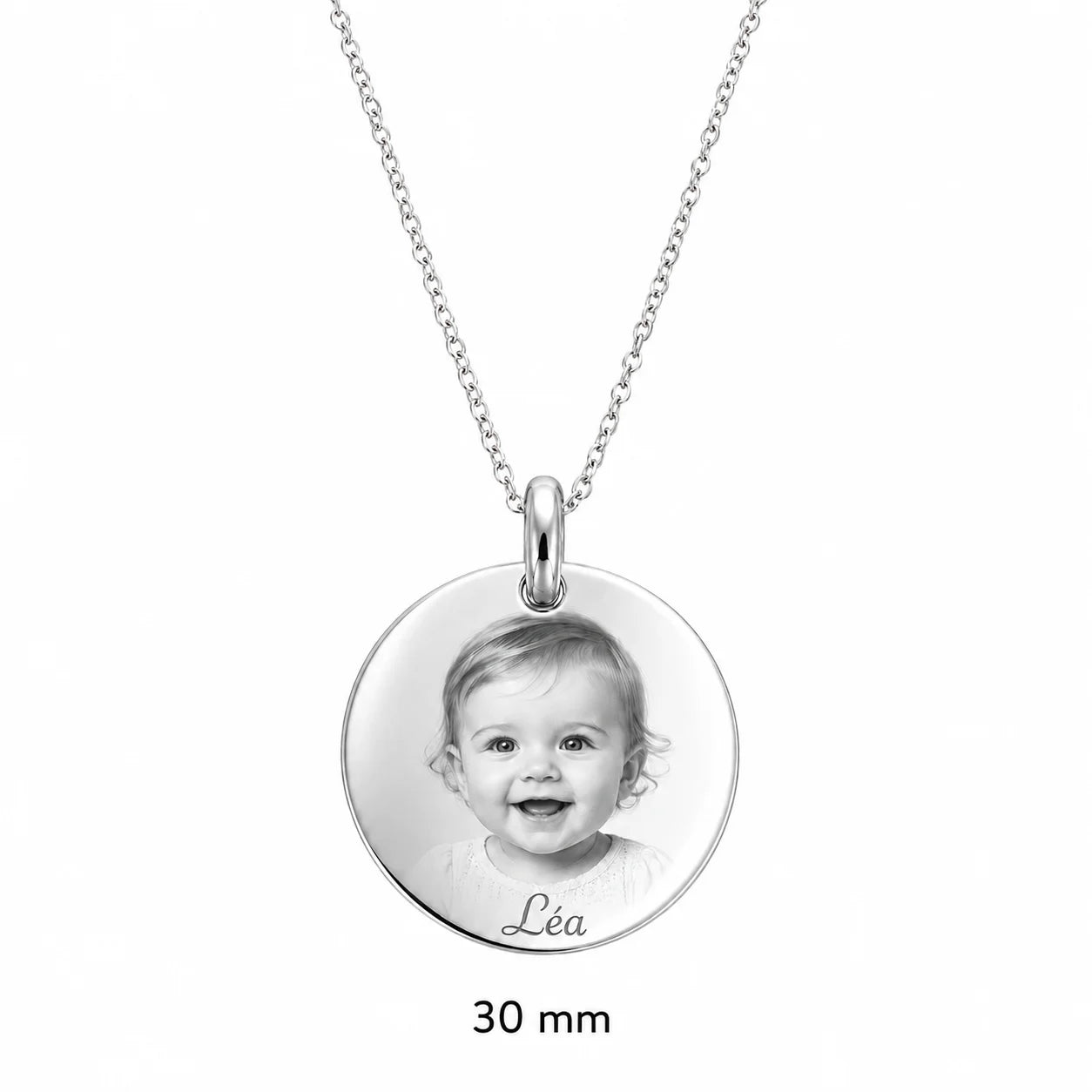 Collier simple argenté avec médaille gravable de 30 mm - Acier inoxydable hypoallergénique