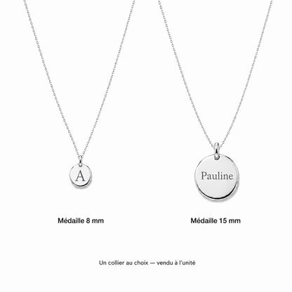 Collier personnalisé, médaille 8 mm ou 15 mm argenté gravable - vue ensemble