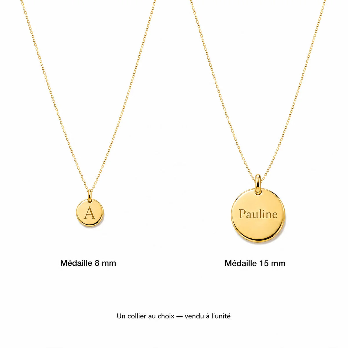 Collier personnalisé, médaille 8 mm ou 15 mm dorée gravable - vue ensemble
