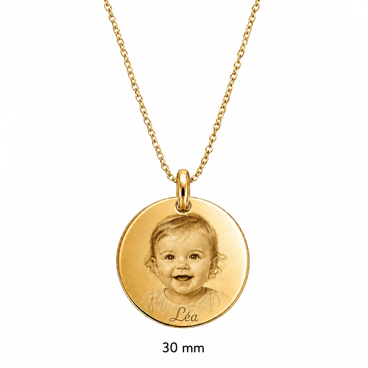 Collier doré personnalisable avec grande médaille de 30 mm pour gravure - Hypoallergénique