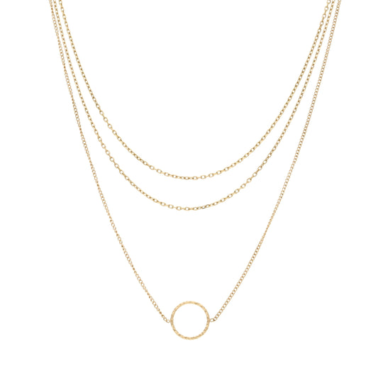 Collier multi-rangs doré Genny avec trois chaînes et pendentif cercle, vue de face