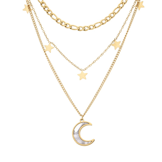Collier multi-rang doré Uranus avec étoiles et pendentif lune en nacre, vue de face