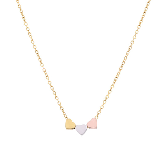 Collier cœur doré Melow en acier inoxydable avec trois cœurs doré, argenté et rose, vue de face