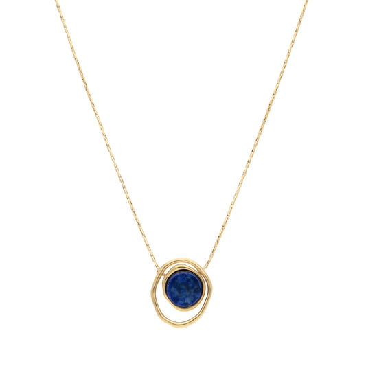 Collier lapis-lazuli doré avec pendentif rond bleu, vue de face