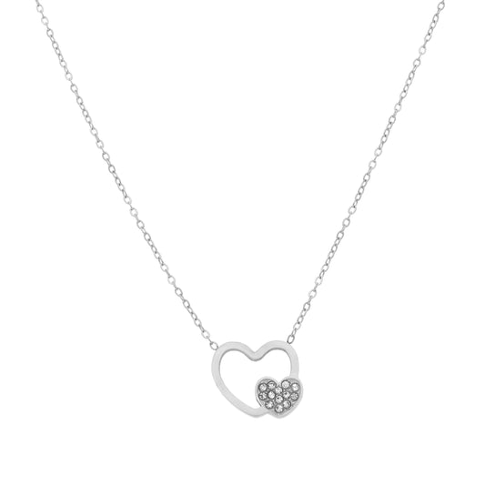 Collier double cœur argenté Radia avec zirconiums, vue de face
