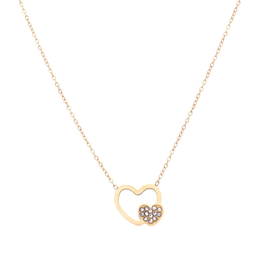 Collier cœur doré Radia avec pendentif double cœur et oxydes de zirconium, vue de face